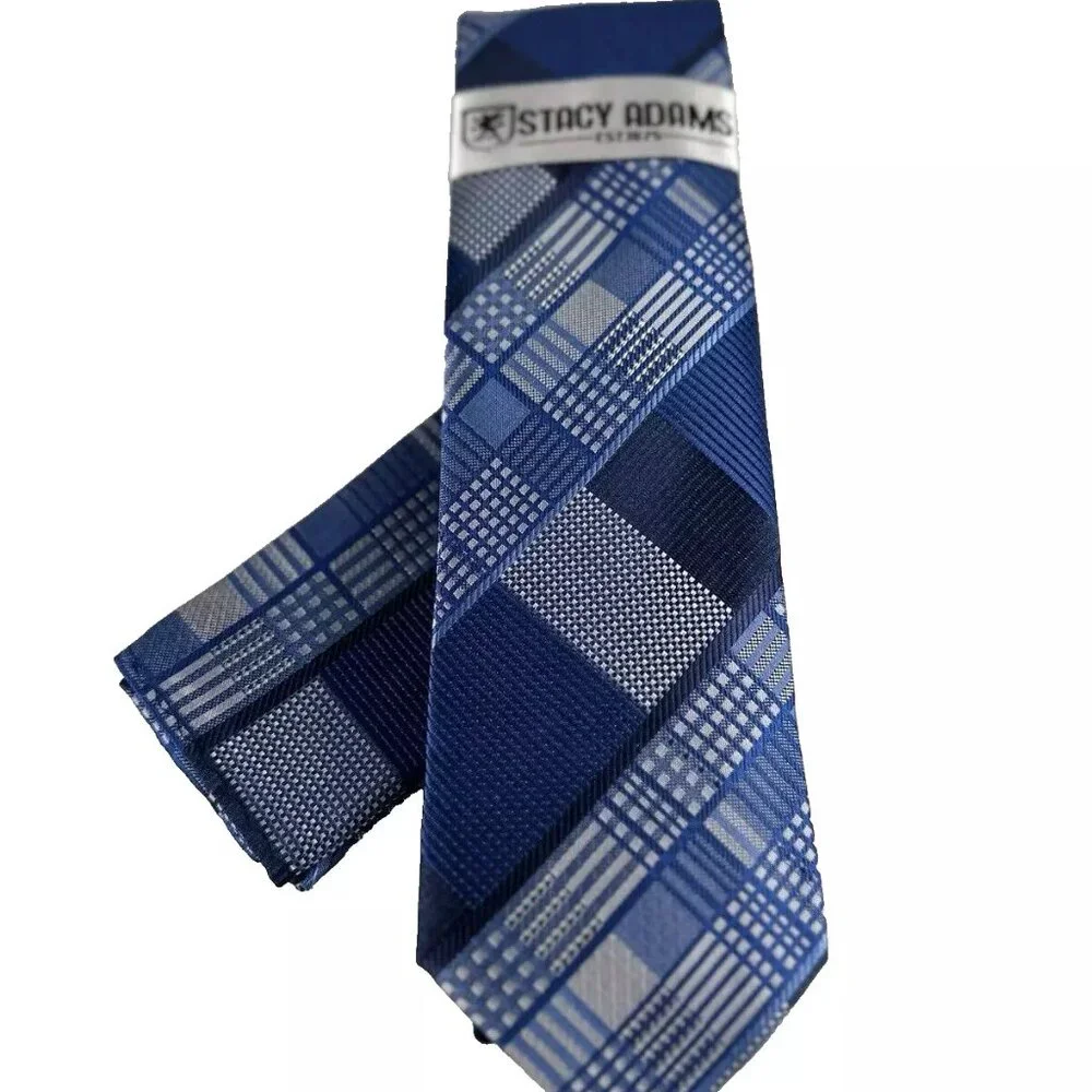 Stacy Adams Men's Tie & Hanky Set Royal Blue Silver Navy Blue Plaids 3.25